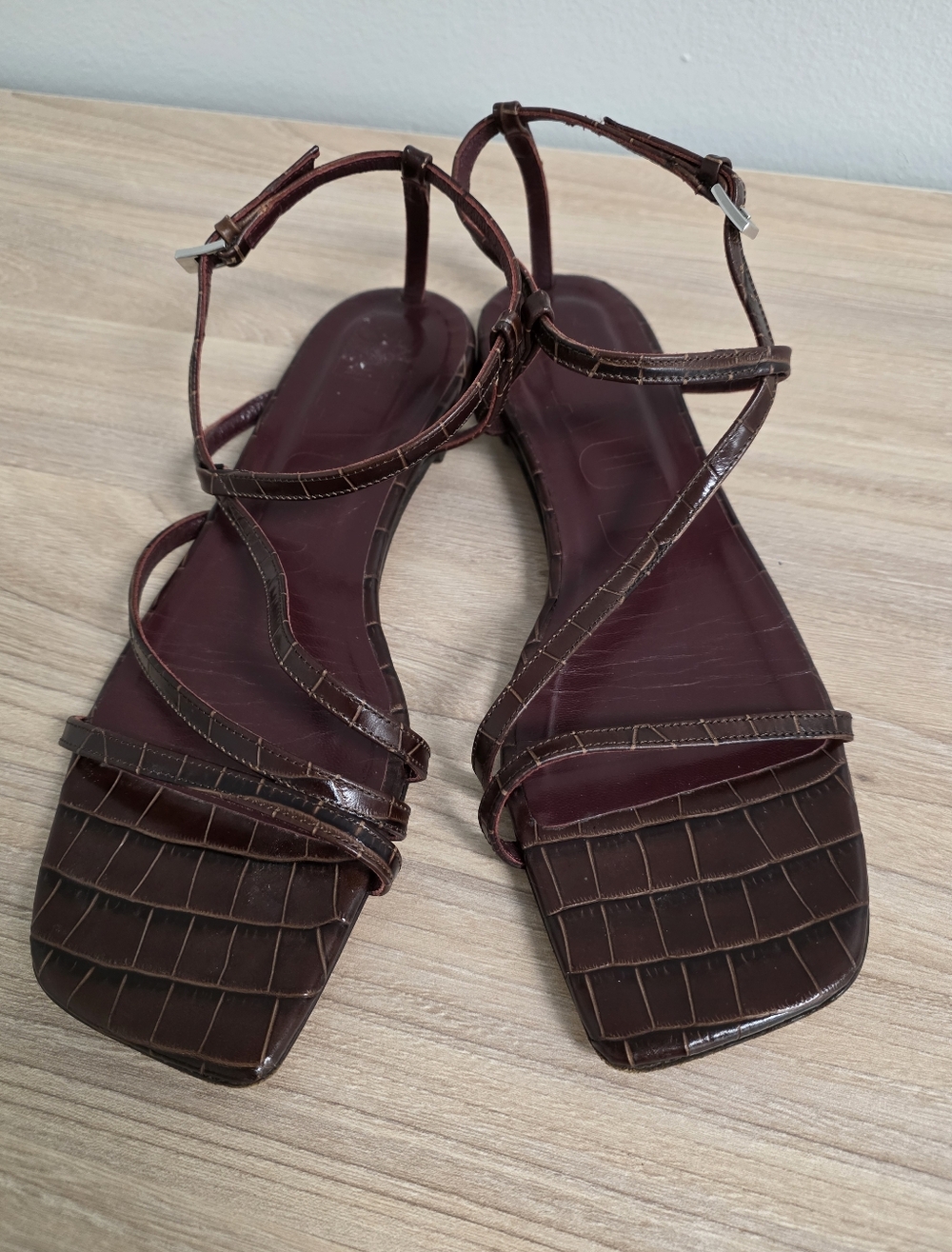 STAUD Chocolate Brown Croc-Embossed Strappy Square-Toe Sandals - Picture 3 of 8